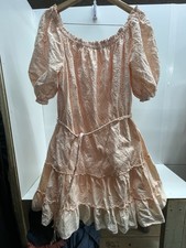 Guess Peach Eyelet Lace Puff Sleeve MIDI Dress With Tie Belt Sz Xl
