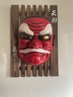Japanese Tengu Red Long Nose Pottery Mask Omen Noh Kabuki Samurai Wooden Lattice