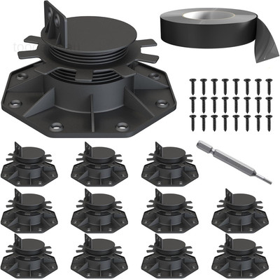 12 Pack Adjustable Deck Support Pedestal, High Load Pedestal Black