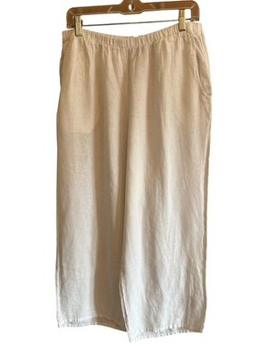 FLAX Flood 100% Linen Pants Small White Wide Leg Cropped Ankle Length