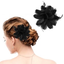 Sibba Flower Hats Clip Tea Party Corsage Hairpin Barrette Black Floral Feathe...