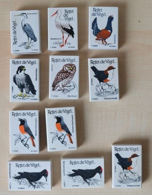 #10 ALTE Streichholzschachtel 70er Vögel Motiv Serie Kunststoff/Plastik 11 Stück