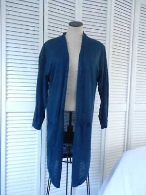 New Uniqlo women's blue boxy open front long linen blend cardigan, Size: M 