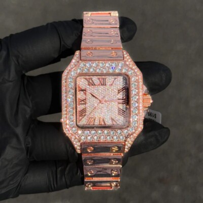 Men's Watch Square Analog Fully Iced Bezel & Metal Band Luxury Hip