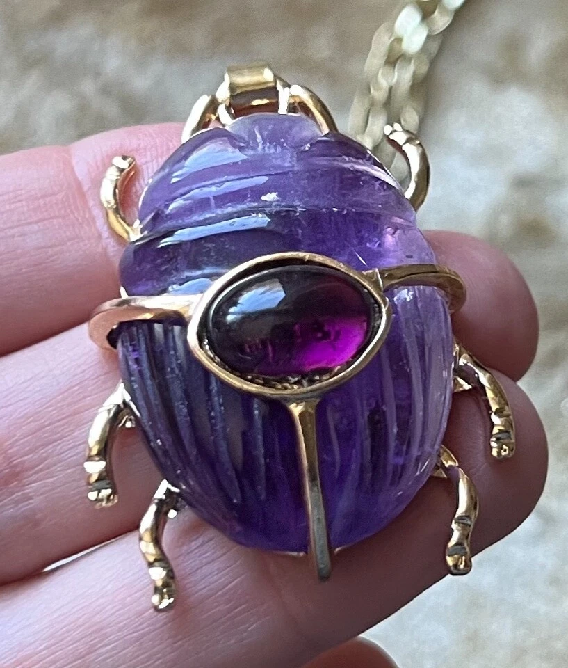 Egyptian Revival Scarab Necklace Hand Carved Amethyst Purple Gemstone Pendant - Image 3 of 4
