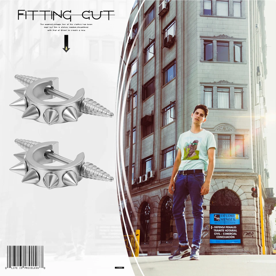 Brincos de aço inoxidável Spike Cool hip hop masculino cônico coruja aro huggie punho de orelha - Imagem 4 de 4