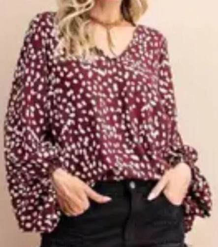 143 Story NWT Cheetah Bubble Sleeve Hi Low Top Burgundy & Cream - 3x