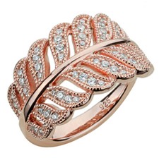 Women 14K Rose Gold Plated Sterling Silver CZ Pave Setting Leaf Design Ring