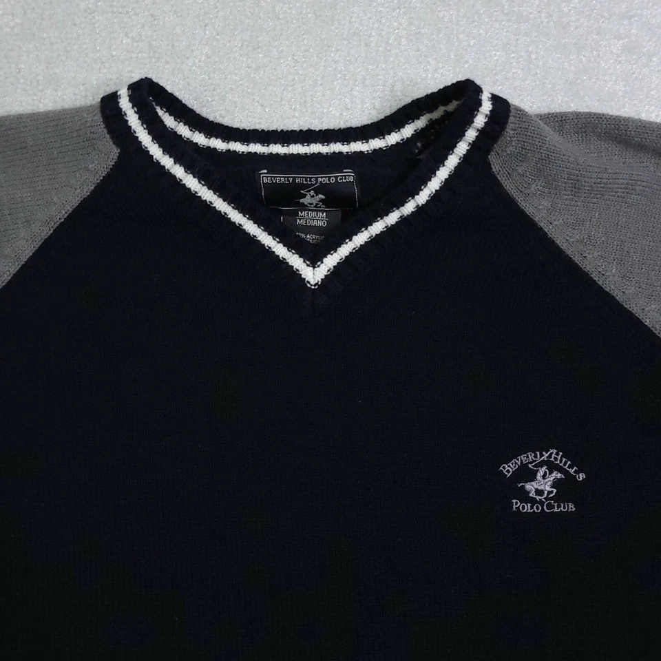 Vtg 80s Beverly Hills Polo Club V Neck Sweater Men's Medium Black Logo Acrylic - Image 3 of 4