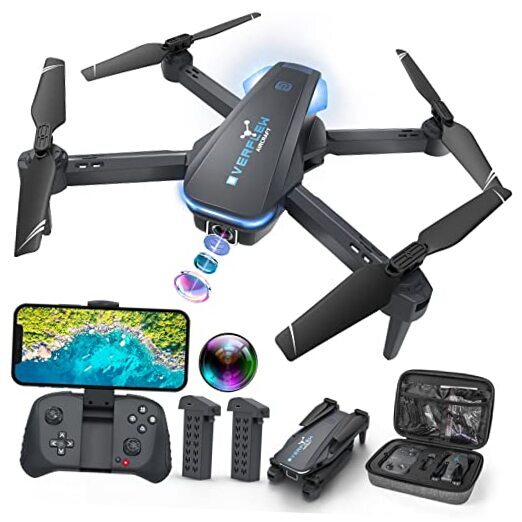Beginner-friendly foldable drone with 1080P camera, remote control, grey & blue design for kids