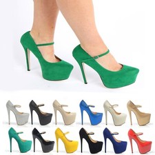 WOMENS MARE JANE HIGH HEELS PLATFORM THIN FRONT ANKLE STRAP  PARTY LADIES SHOES