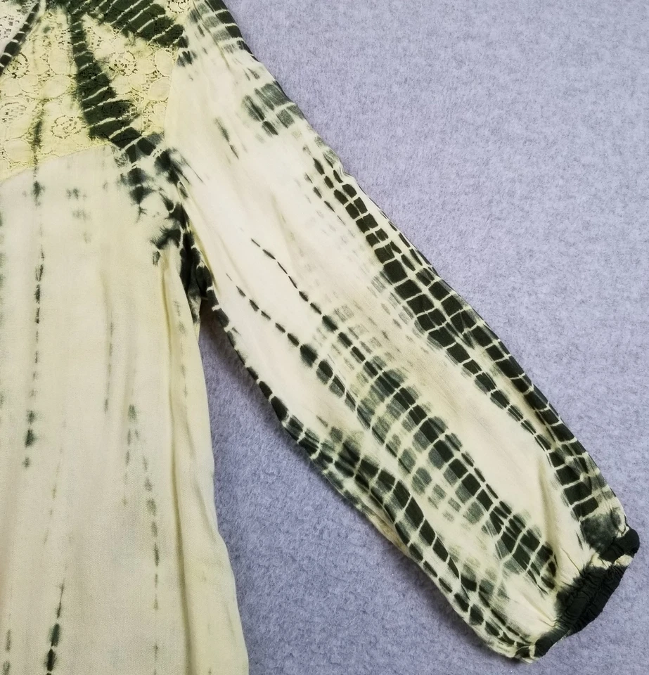 Claudia Richard Top Womens Small S Green Yellow Tie Dye ¾ Sleeve Lace Thin Sheer - Image 3 of 4