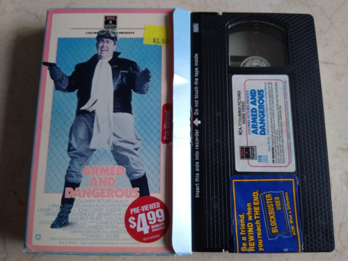 COLUMBIA 1987 ARMED AND DANGEROUS:JOHN CANDY BLOCKBUSTER STICKERS VHS - Picture 1 of 3
