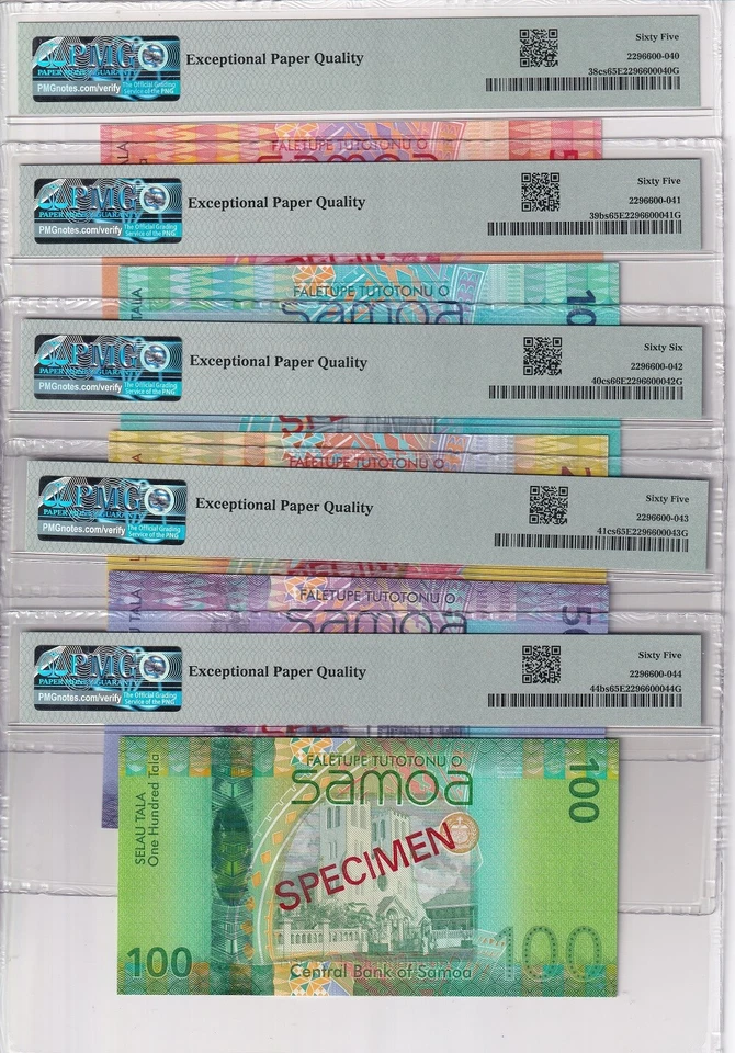 Samoa SET 5; 5 10-100 Tala ND 2017 P 38- 41 P 44 Specimen Gem UNC PMG 65 66 EPQ - Image 2 of 2