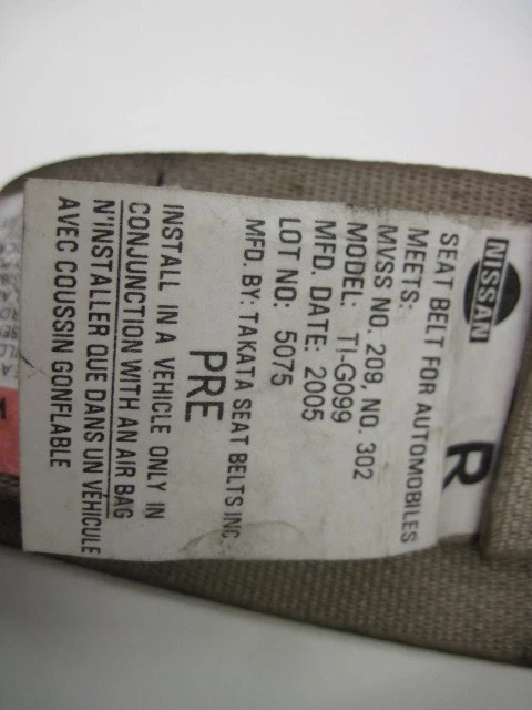 Seat Belt Nissan Maxima 2005 05 2006 06 2007 07 2008 08 Passenger TAN 718097 Foto 2 de 4