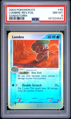 2003 POKEMON EX SANDSTORM #45 LOMBRE-REVERSE FOIL PSA 8