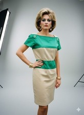 Vtg 80s Valentino Boutique Teal Green Khaki Sheath Dress Career Womens 14 Italy