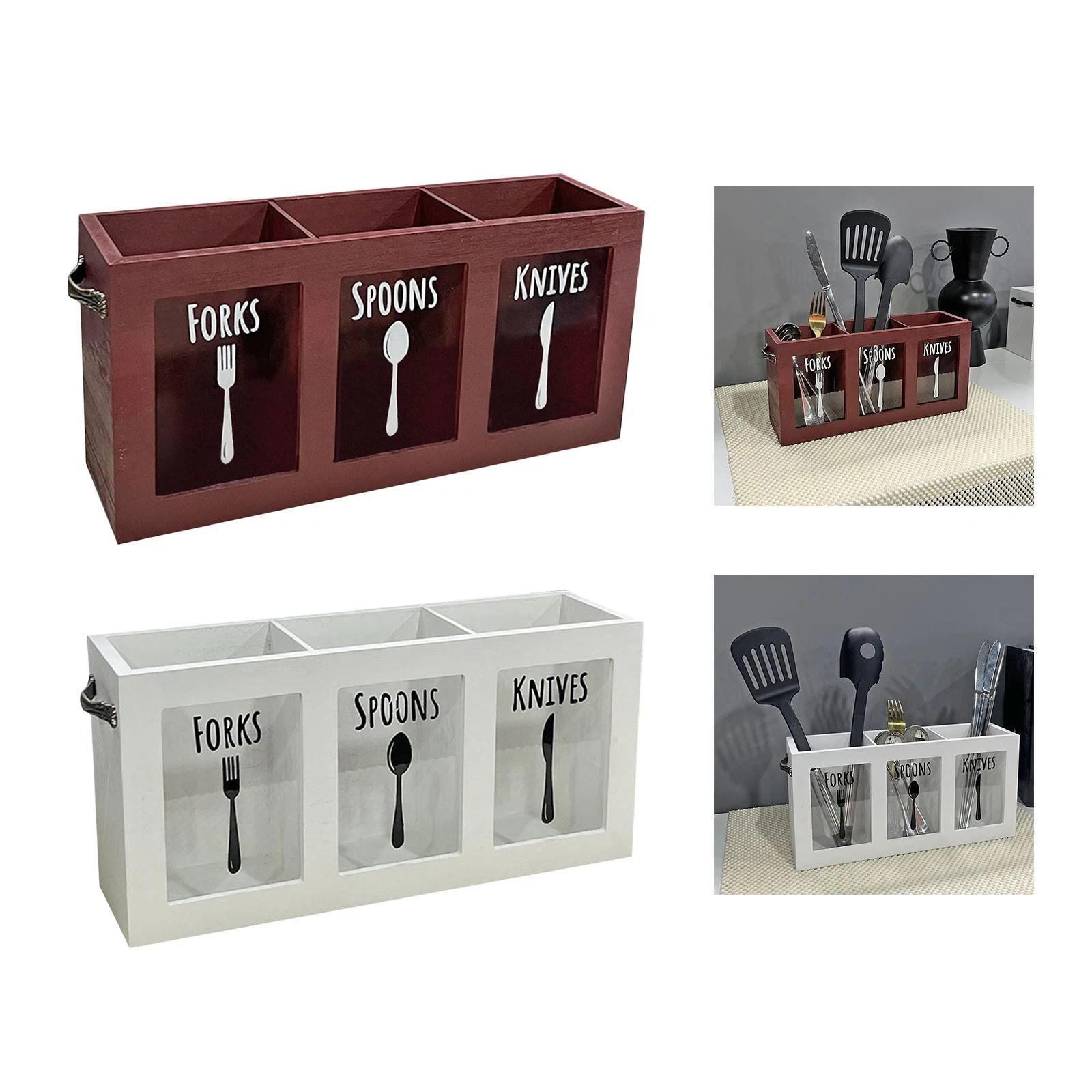 Utensil Holder Cutlery Holder with 3 Compartments Multipurpose Decorative