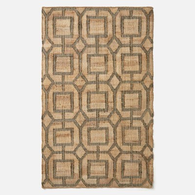 Brauner handgewebter Teppich Jute & Baumwolle ''Tiran'' mit traditionellem geometrischem Muster