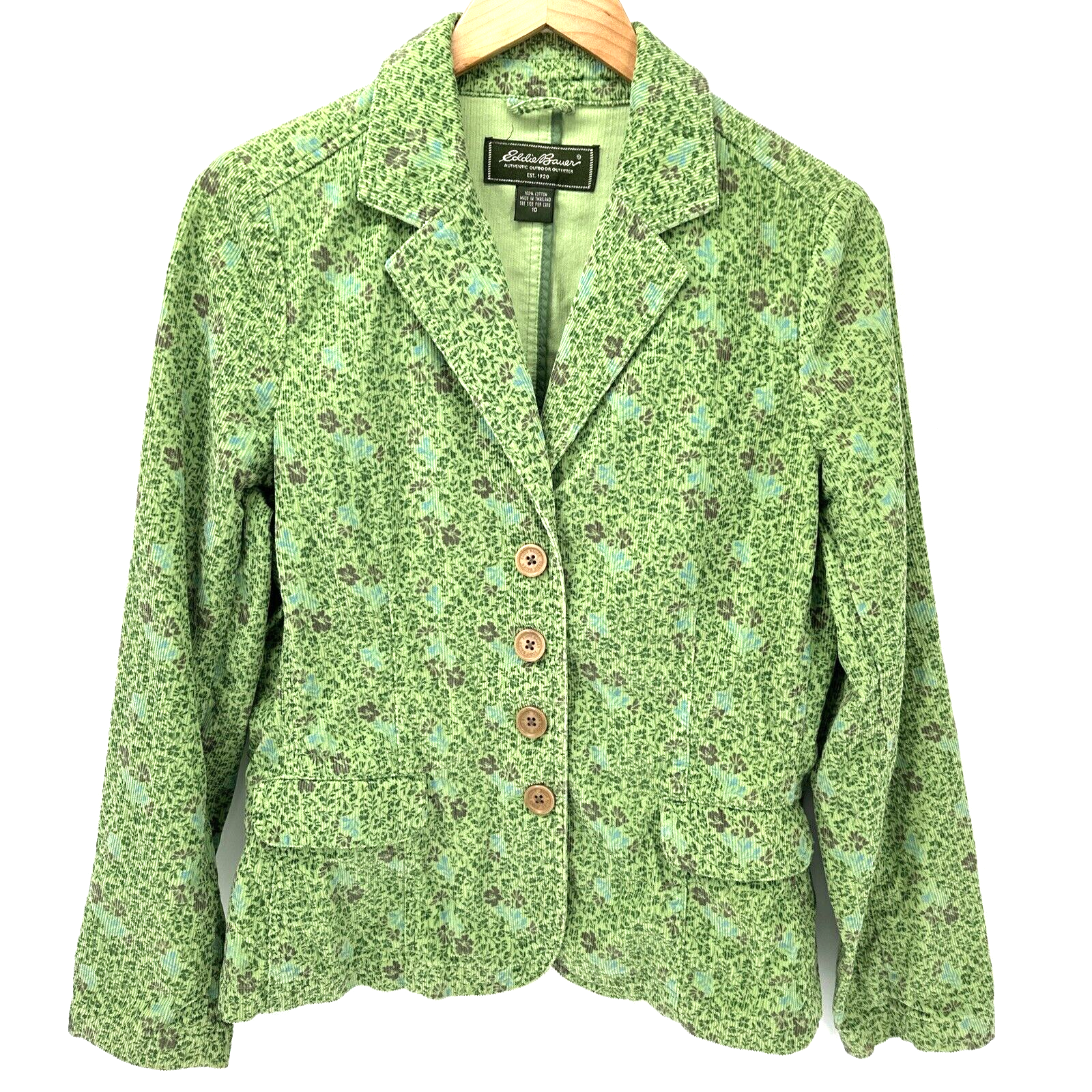 Eddie Bauer Blazer Womens 10 Corduroy Green Floral Jacket Button Up Cottage