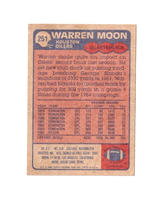 1985 Topps Football Warren Moon #251 HOF Rookie Nm/Mt - Image 2 of 2
