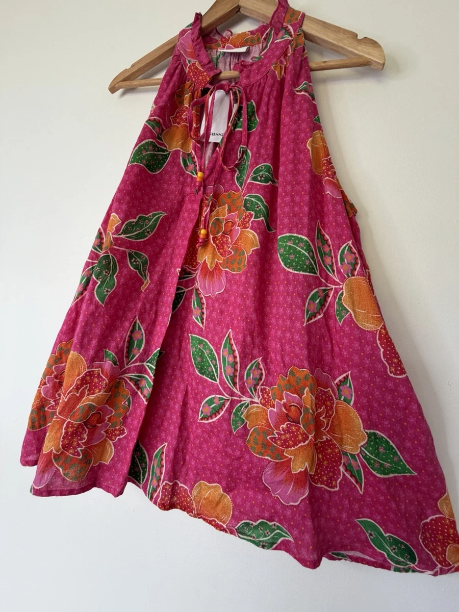 Sussan NWT 100% Linen Fuchsia Floral Ruffle Boho Tie Neck Sleeveless Top Sz 14