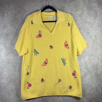 White Stag Sweater Womens 22W/24W Yellow Insect Embroidered V-Neck Knit Top $35