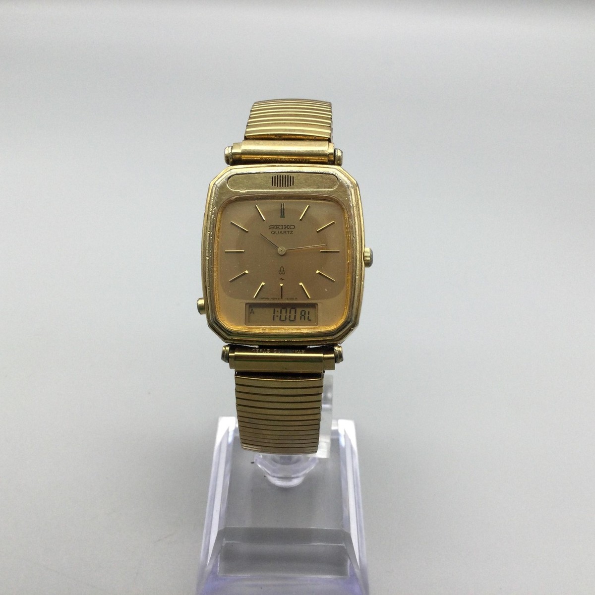 Vintage Seiko Men 29mm Watch H249-5090 Gold Tone Ana Digital Alarm