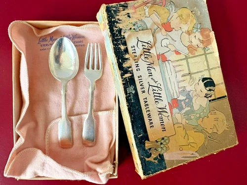 LUNT LITTLE MEN and LITTLE WOMEN STERLING SILVER BABY SPOON & FORK SET in BOX