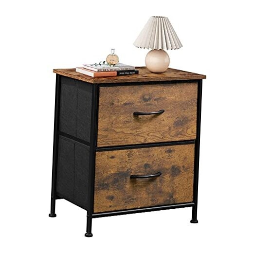 Rustic Brown Nightstand with 2 Fabric Drawers, Bedside End Table-image