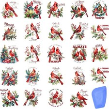 24 Sheets Vintage Christmas Rub On Transfers 3 x 3 inches, Cardinal