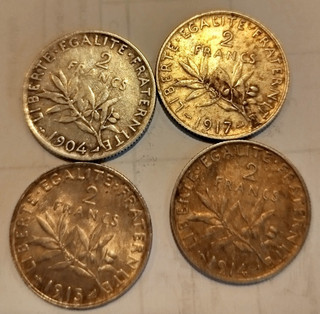 Lot de 4 pièces de 2 francs en argent