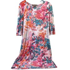 Alexandra + Oak Coral Combo Abstract Floral Bell Sleeve Shift Dress Women's M