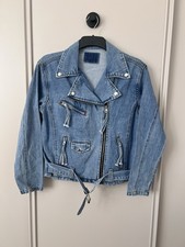 Women’s Blue Denim Biker Jacket Cropped Style Zip-Up Midweight Cotton