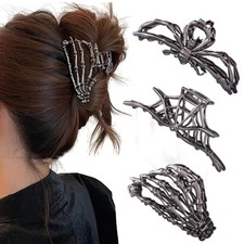 3PCS Black Spider Web Skeleton Hand Skull Hair Claw Clips for Women And Girls...