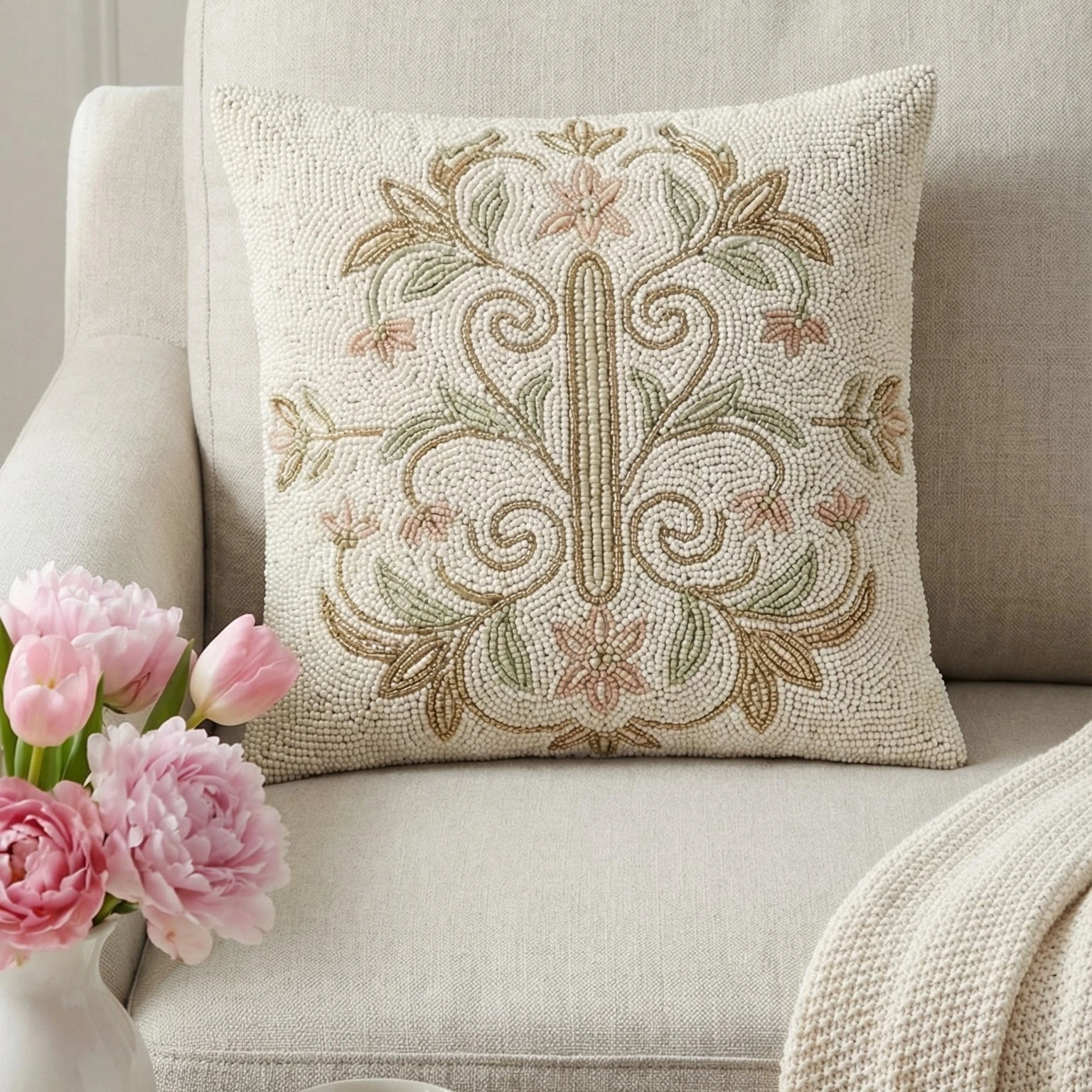 Luxury Beaded Floral Throw Pillow Cover Elegant Embroidered Accent Cushion Case