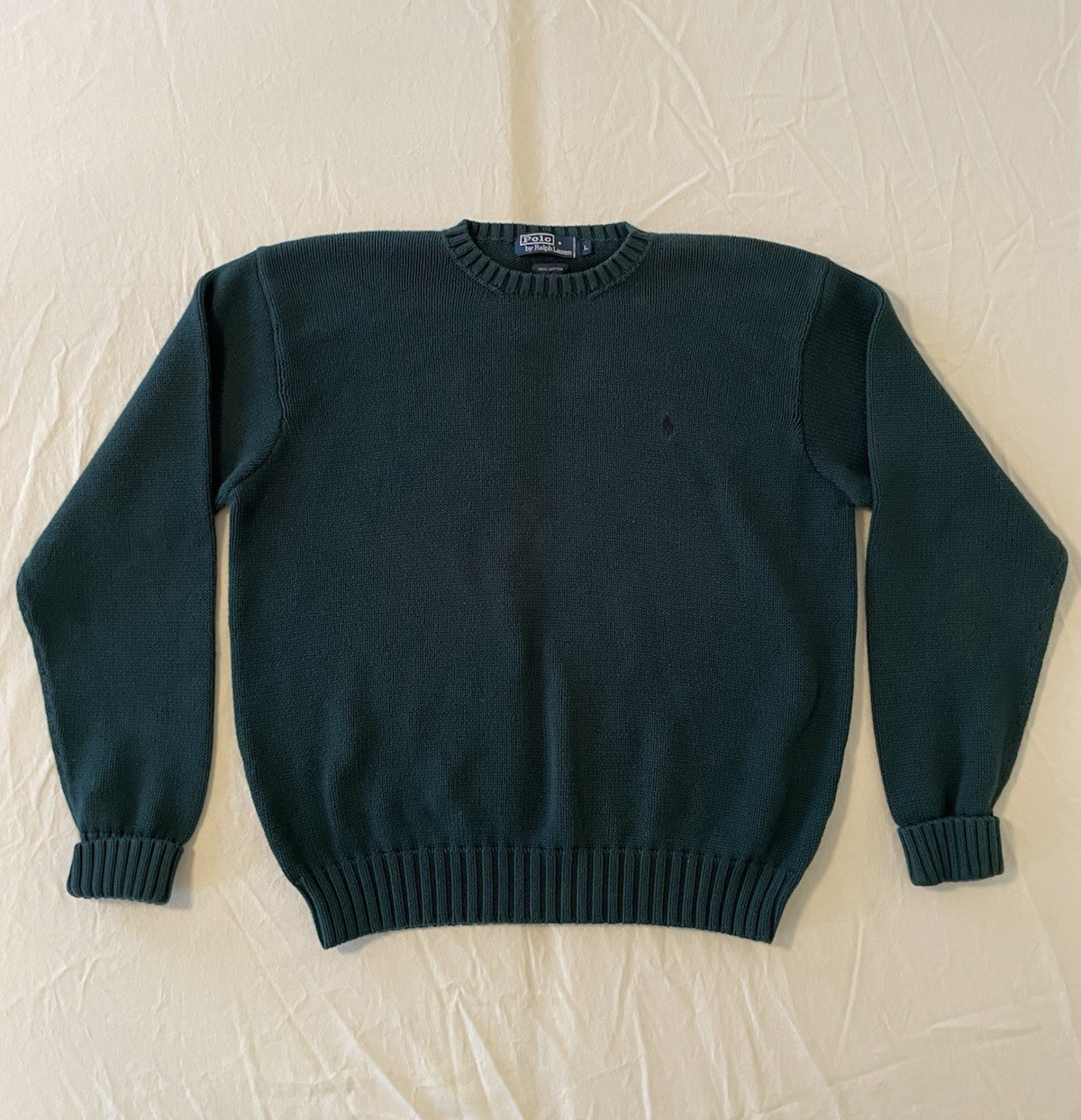 Polo Ralph Lauren Y2K VTG Heavy Knit Sweater Size Large 100% Cotton - Green EUC