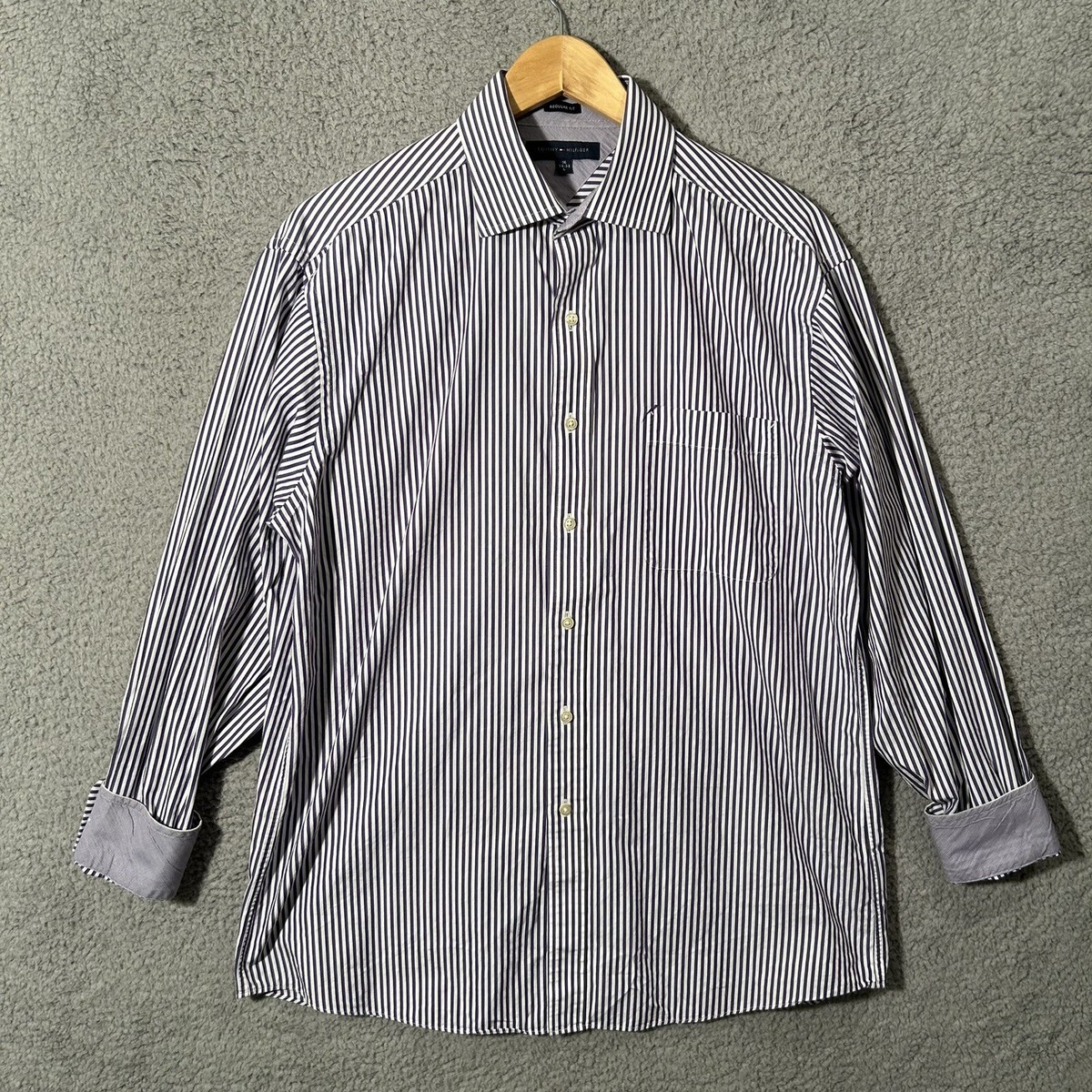 Tommy Hilfiger Regular Fit Striped Pocket Dress Shirt Men's 34-35 Purple