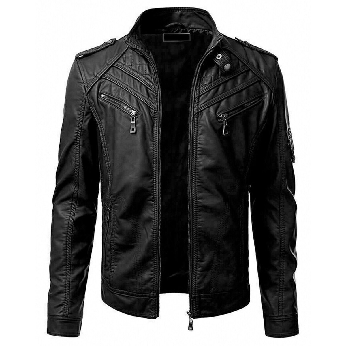Black leather jacket with shoulder strap, snap button neck, and