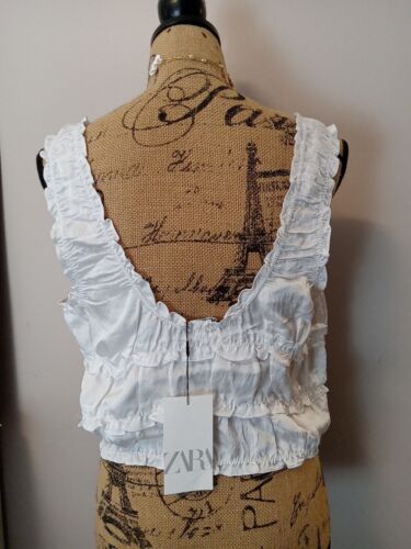 Zara Women White Satin Elastic Ruffled Cropped Top Size XXL - Picture 4 of 6