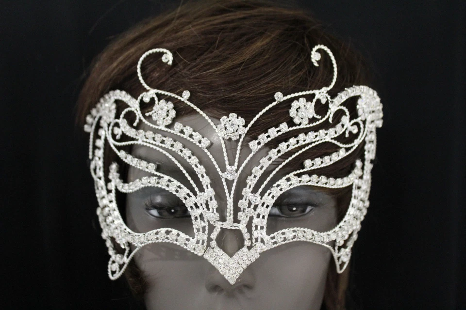 Donna Mezza Viso Eye Costume Maschera Metallo Argento Farfalla Fiori Halloween - Immagine 3 di 4