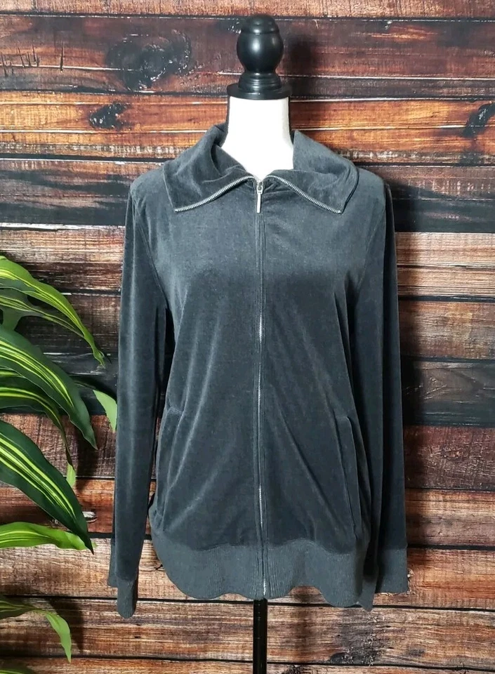Jones New York Chaqueta Deportiva Grande Cremallera Completa Terciopelo Sudadera Top Gris Bolsillos Foto 3 de 4