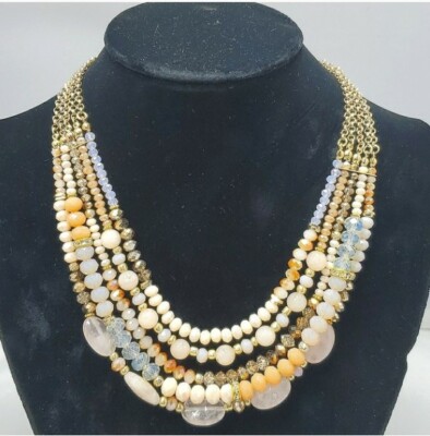Ali khan 5 strand beige glass beaded necklace with gift box