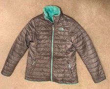 EUC Girls Youth North Face Mint Green/Grey Faux Fur Reversible Coat Sz XL 18