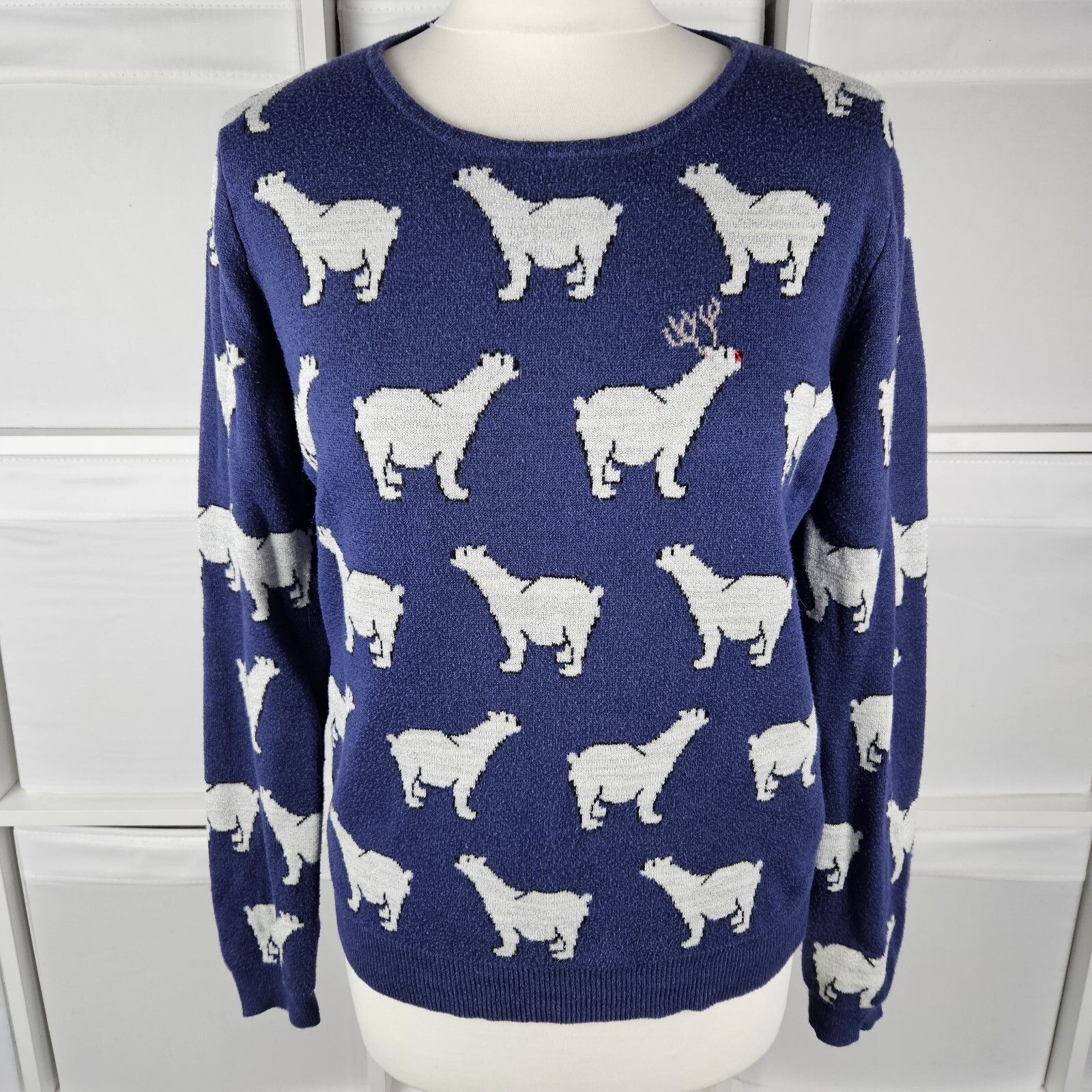 George Cute Blue Christmas Jumper Size 12 Polar Bear & Reindeer Silver Xmas