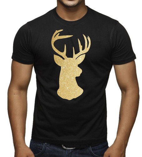 Men's Glitter Gold Reindeer Black T 