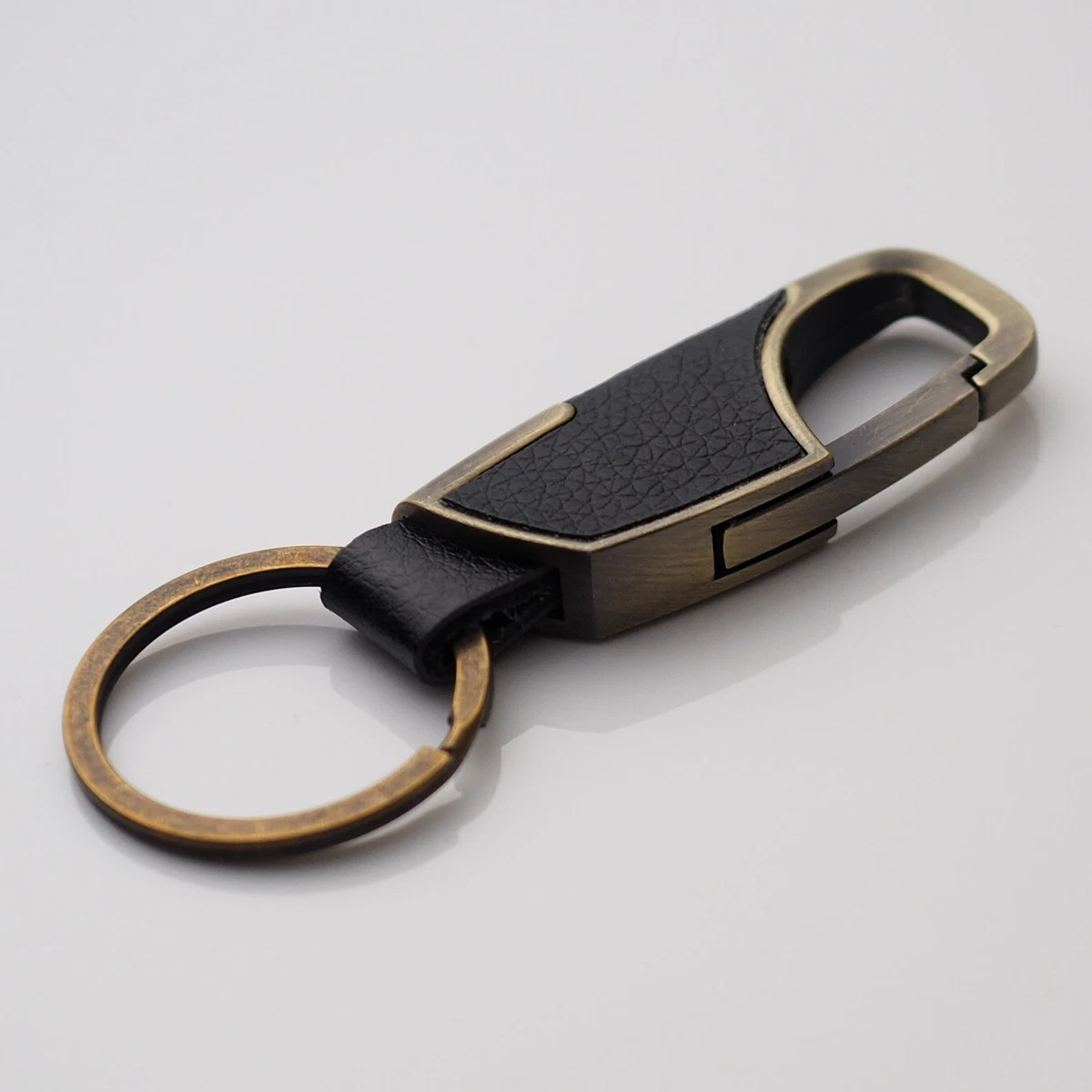 Men's Women's Black Leather & Bronze Clip Keychain Car Key Ring