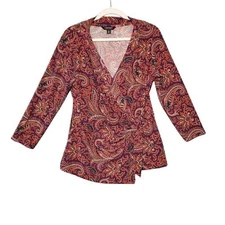 LAUREN Ralph Lauren Women's Purple Paisley Stretch Wrap Jersey Top Large L