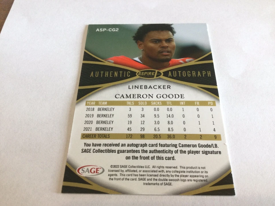 2022 SAGE Aspire #ASP-CG Cameron Goode Rc Auto /10 Berkeley - Image 2 of 2