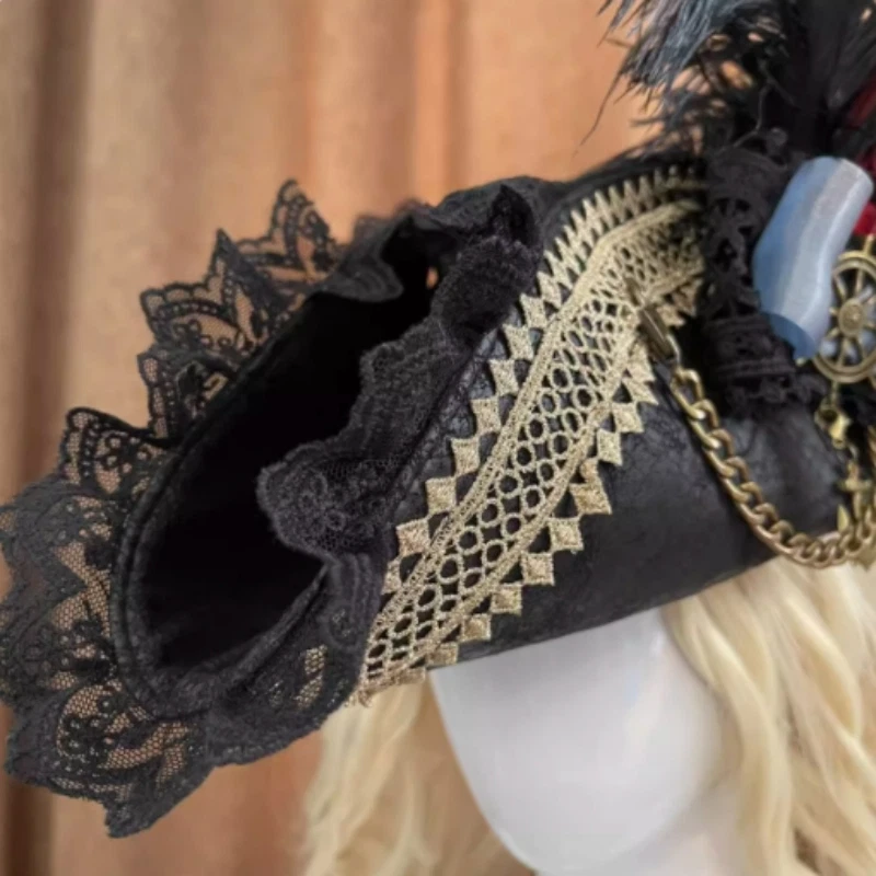 Retro Pirata Tricorne Sombrero Piratas del Caribe Utilería Mujeres Disfraz Juegos con disfraces Foto 2 de 4